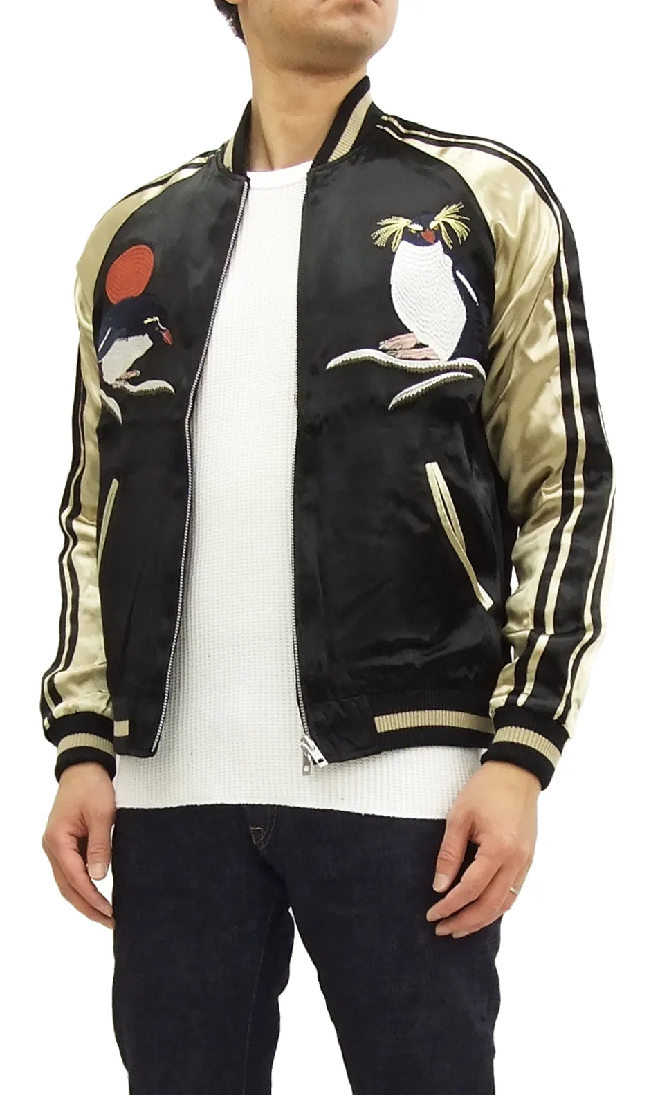 Japanesque Script Japanese Souvenir Jacket 3RSJ-036 Penguin Men's Sukajan Black/Gold