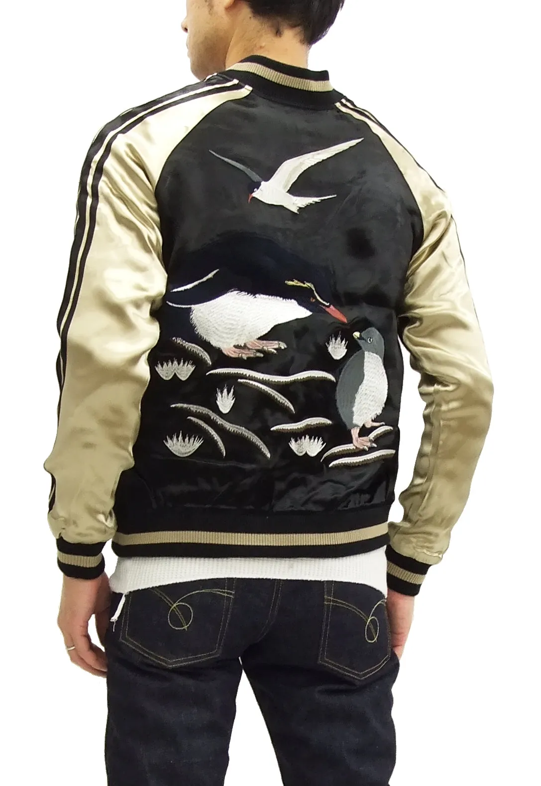 Japanesque Script Japanese Souvenir Jacket 3RSJ-036 Penguin Men's Sukajan Black/Gold