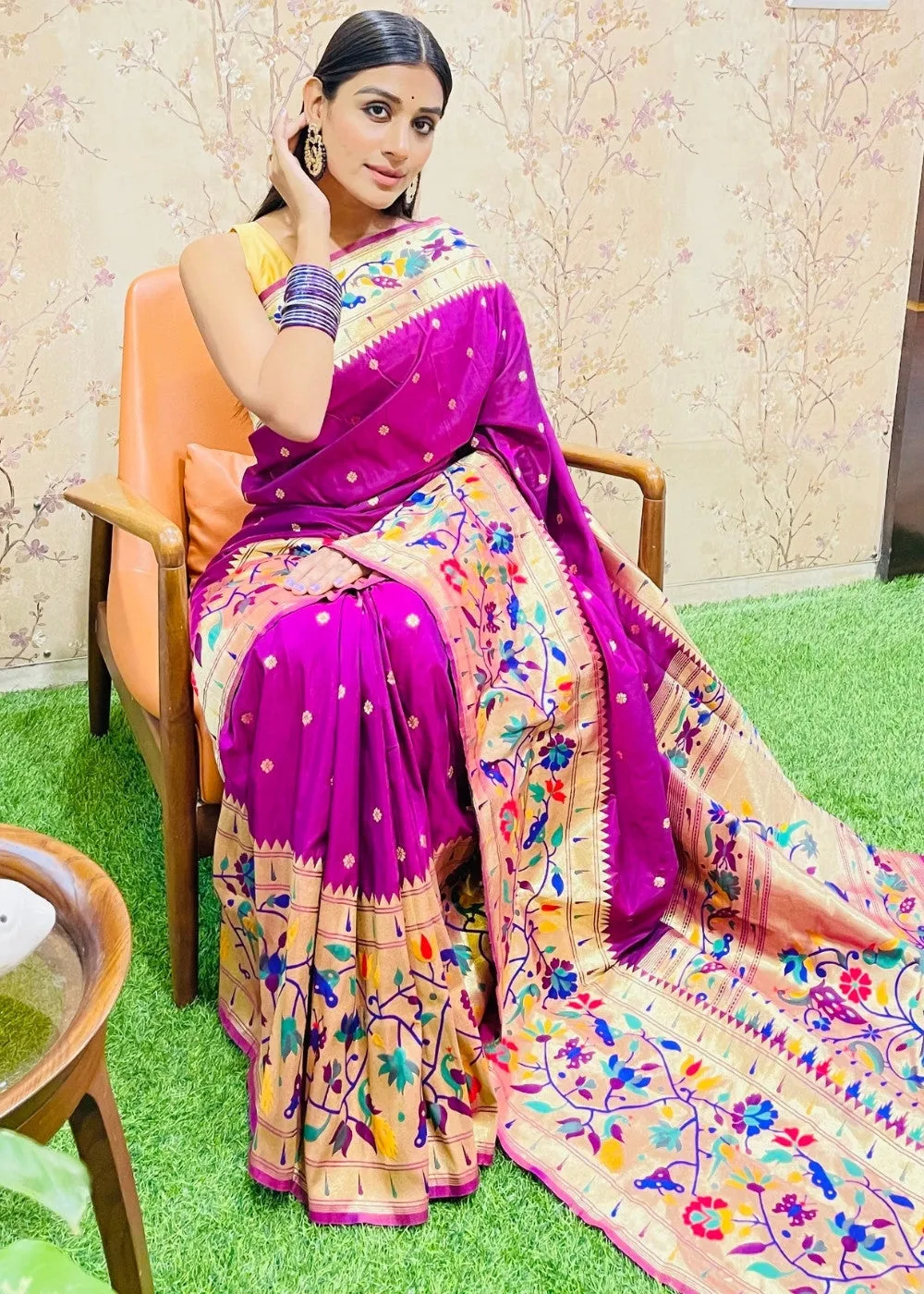 Magenta Purple Zari Woven Paithani Silk Saree