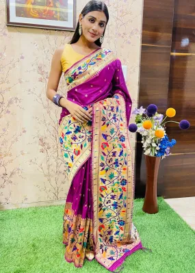 Magenta Purple Zari Woven Paithani Silk Saree