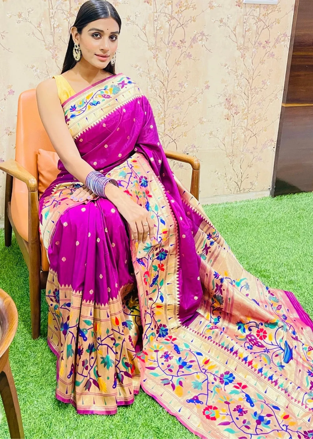 Magenta Purple Zari Woven Paithani Silk Saree