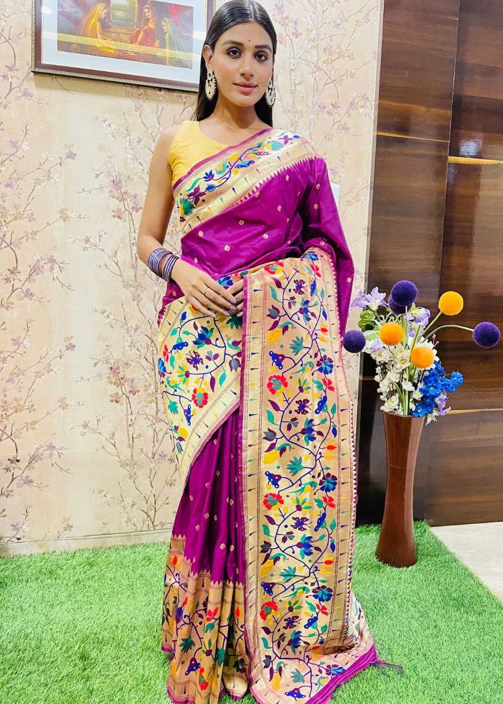 Magenta Purple Zari Woven Paithani Silk Saree