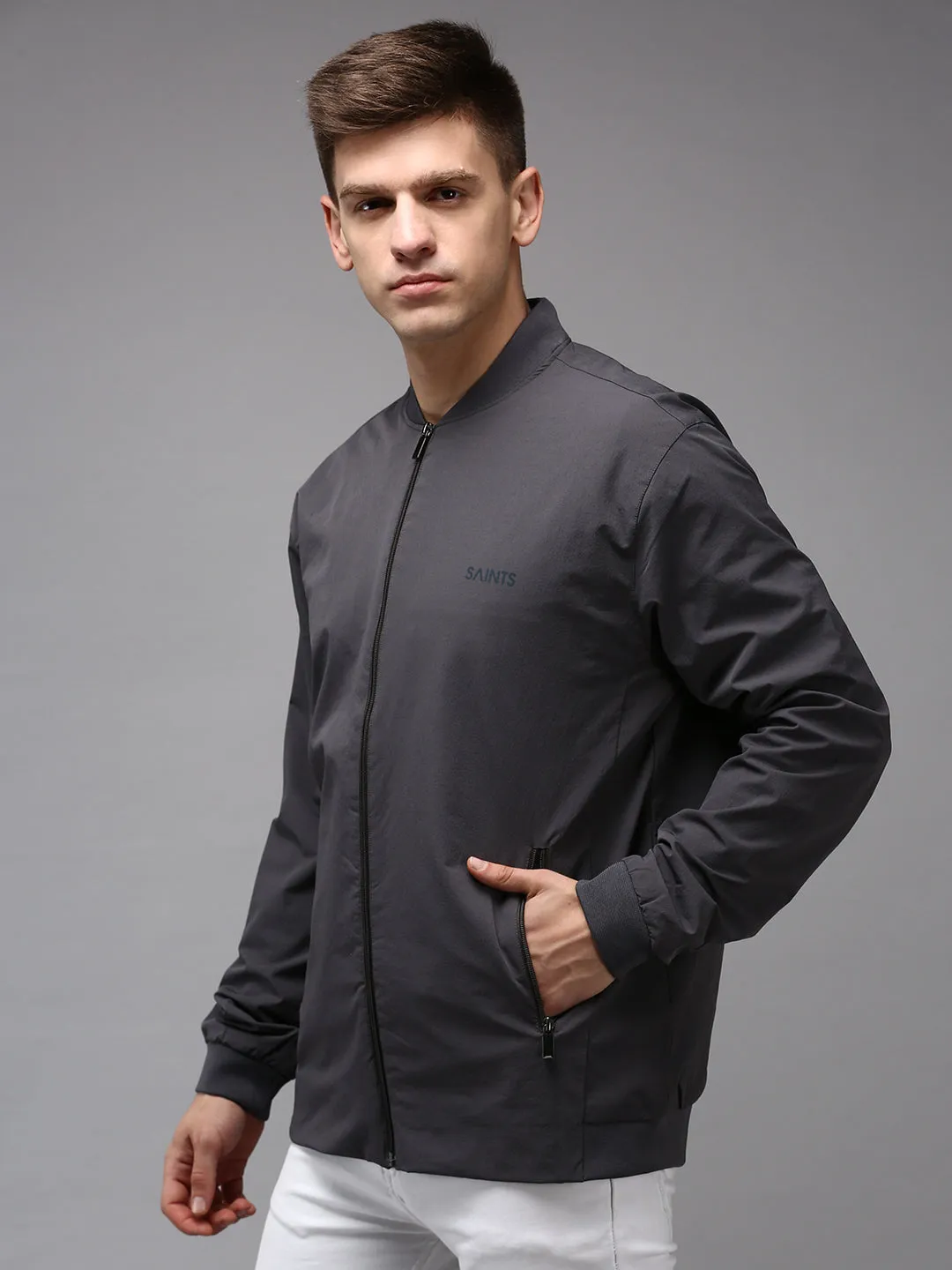 Men Grey Solid Jacket