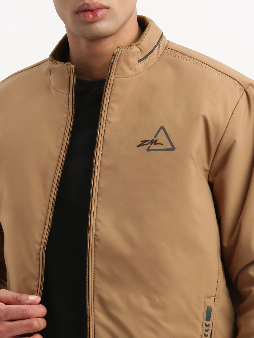 Men Mock Collar Khaki Solid Bomber Jacket