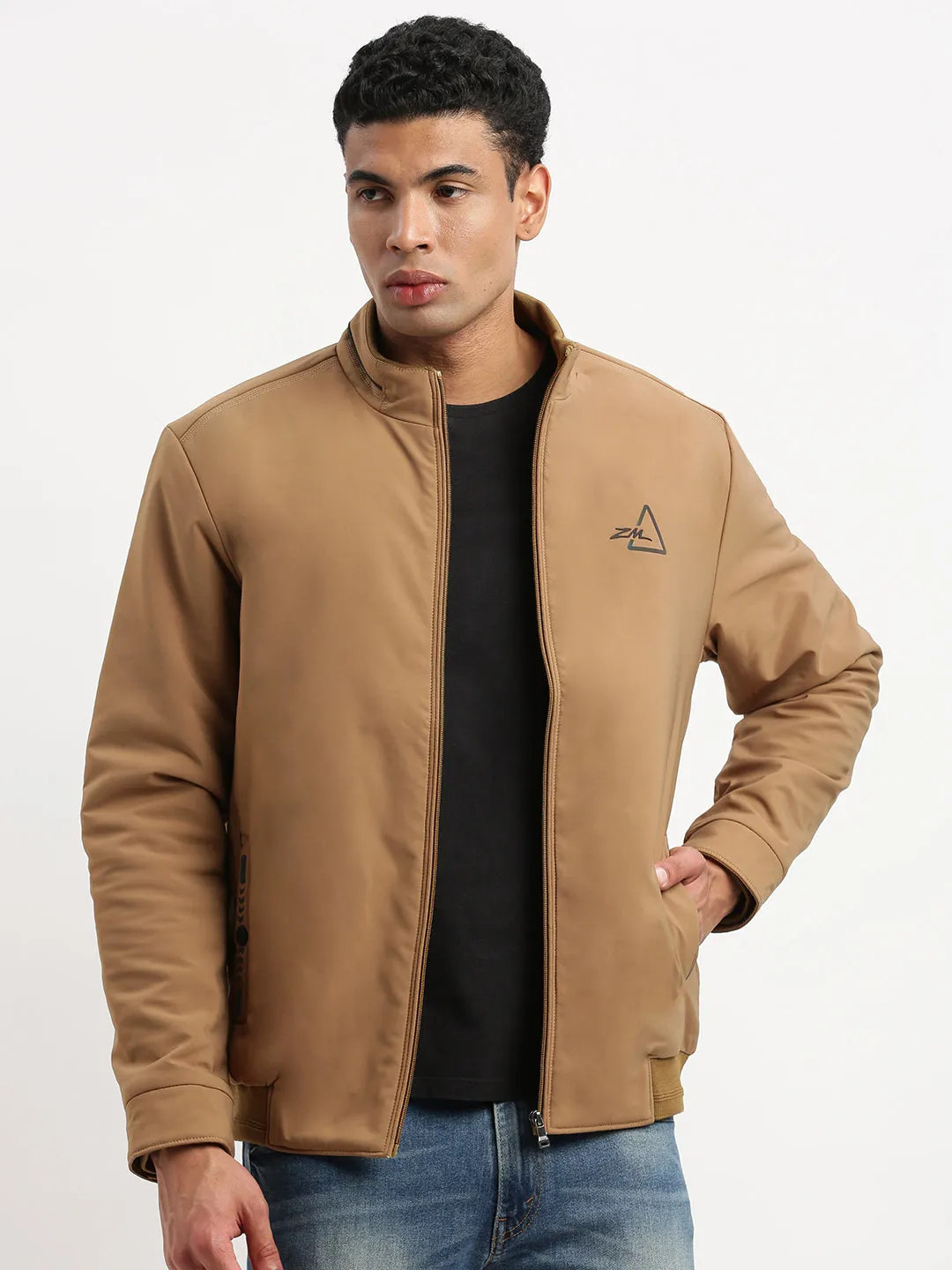 Men Mock Collar Khaki Solid Bomber Jacket