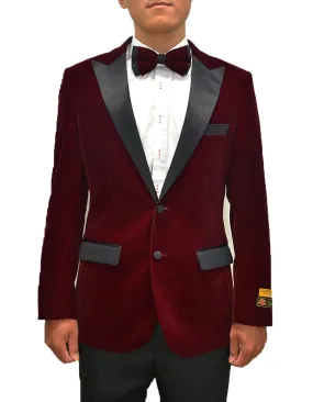Mens Classic Velvet Fabric Tuxedo Dinner Jacket in Burgundy