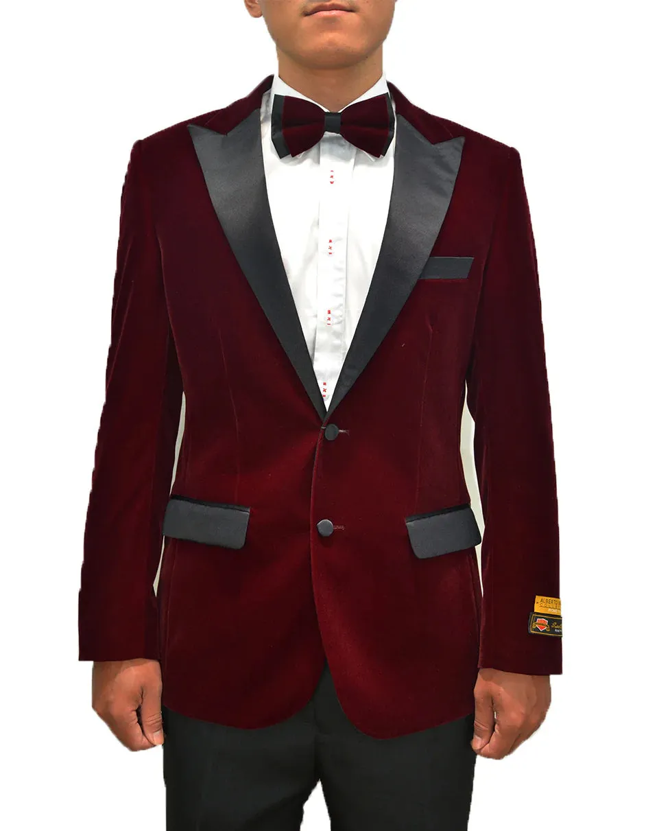 Mens Classic Velvet Fabric Tuxedo Dinner Jacket in Burgundy