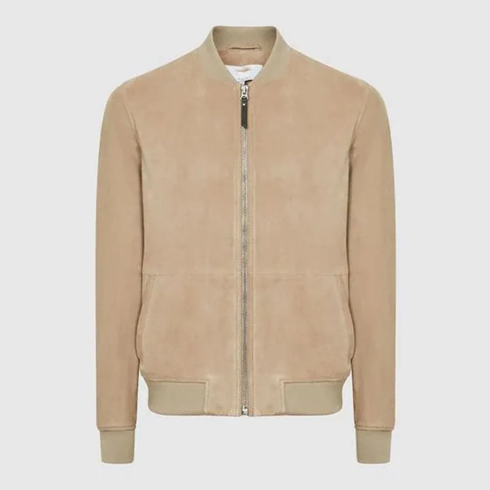Men's Slim-Fit Brown Suede Leather Bomber Jacket