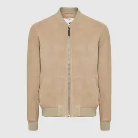 Men's Slim-Fit Brown Suede Leather Bomber Jacket