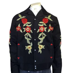 Men's Vintage Western Bolero Jacket with Red Floral Embroidery