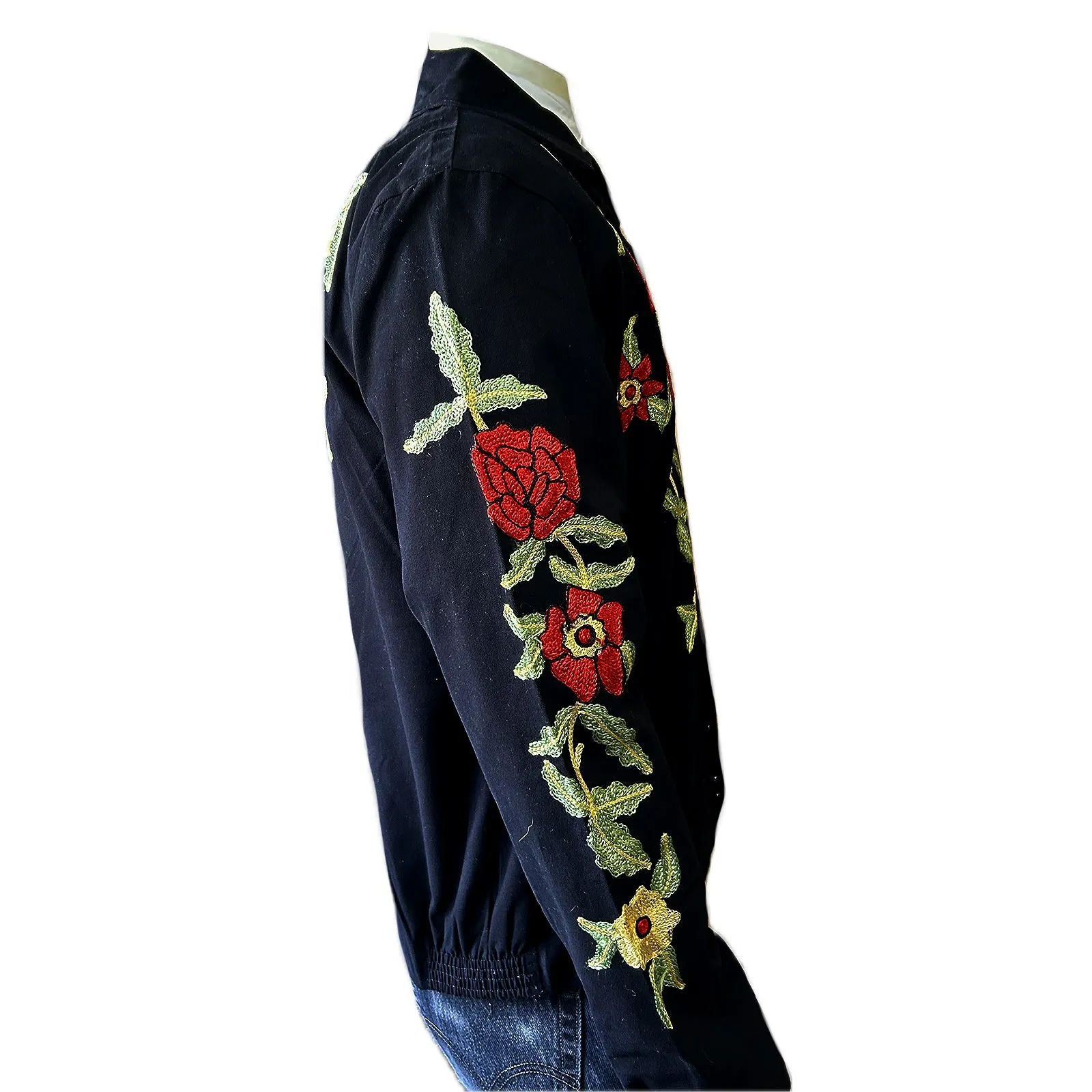 Men's Vintage Western Bolero Jacket with Red Floral Embroidery