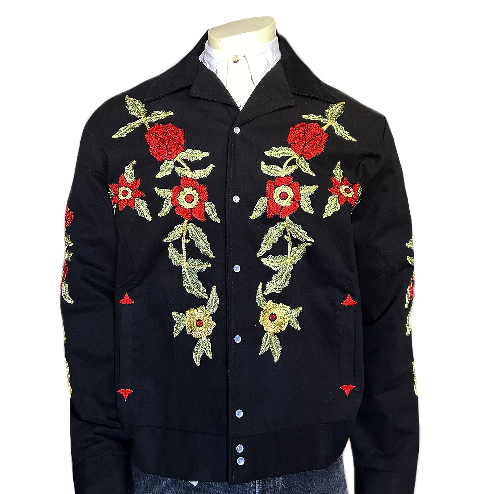 Men's Vintage Western Bolero Jacket with Red Floral Embroidery
