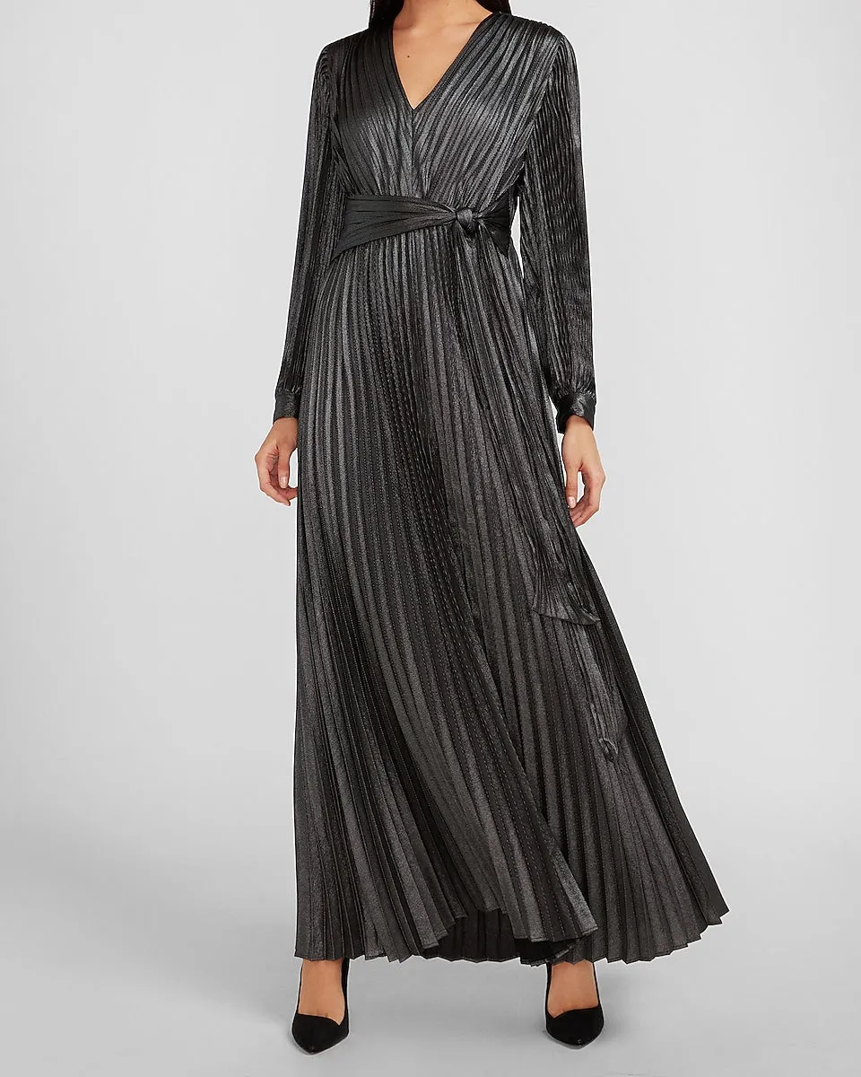 Metallic Pleated Tie Front Maxi Dress in Pitch Black