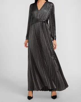 Metallic Pleated Tie Front Maxi Dress in Pitch Black