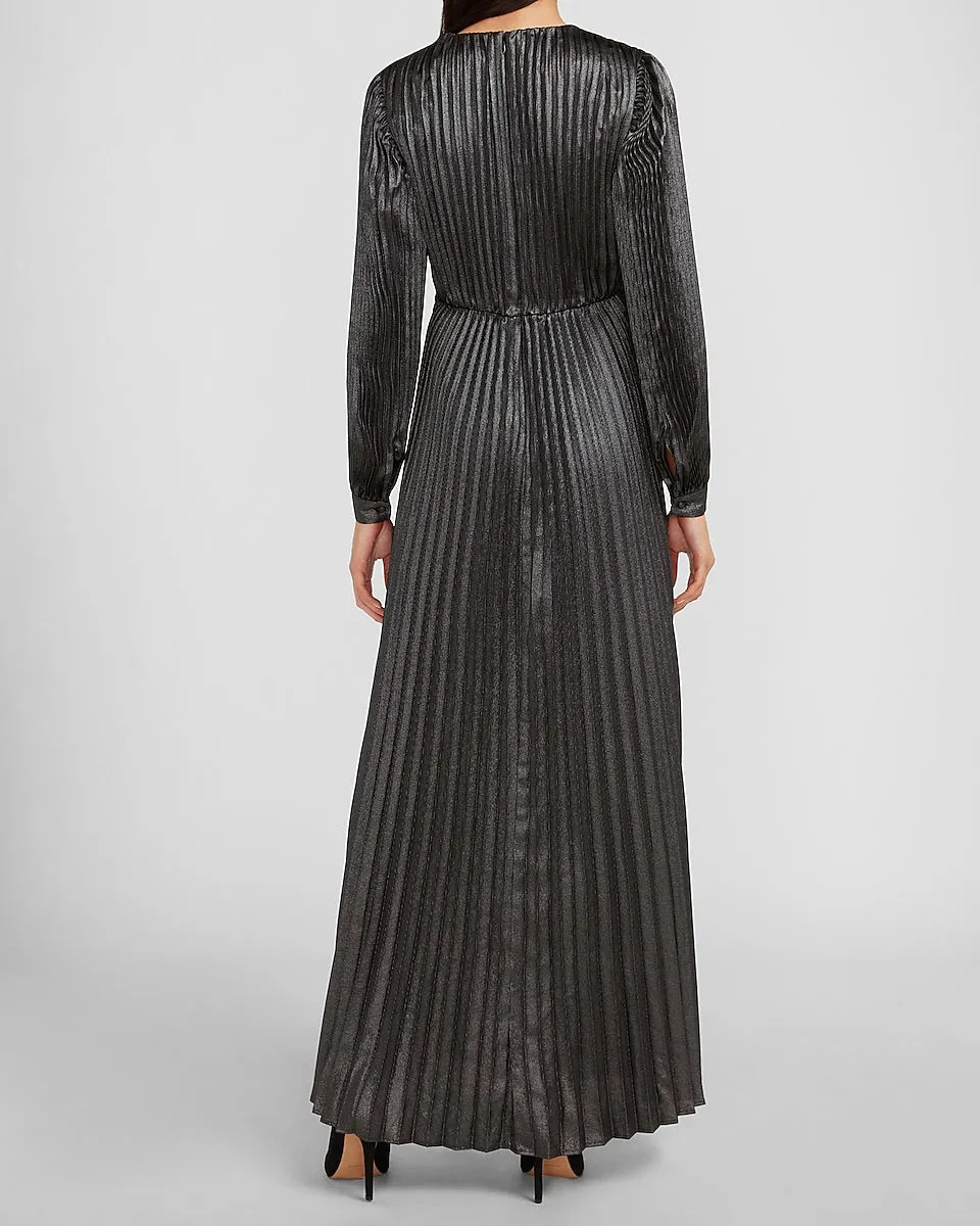 Metallic Pleated Tie Front Maxi Dress in Pitch Black