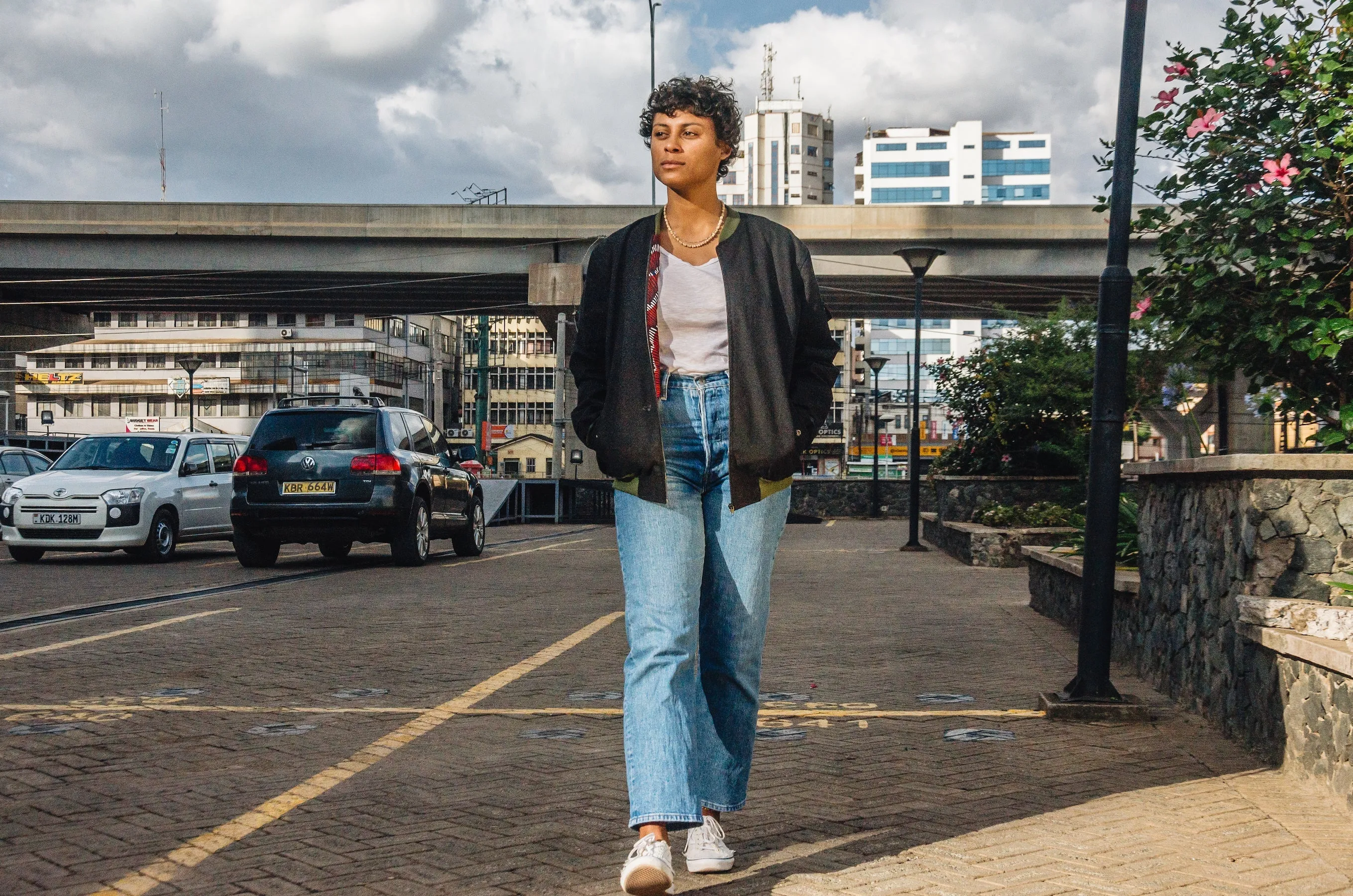 Mikono Black bomber jacket with four shoulder pockets and one inside pocket
