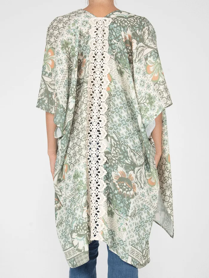 Miss Me MJ0638S Womens Floral Print Kimono With Crochet Trim Green