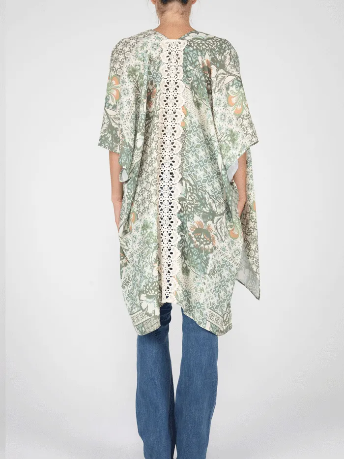 Miss Me MJ0638S Womens Floral Print Kimono With Crochet Trim Green