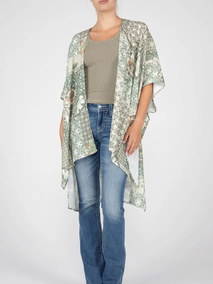 Miss Me MJ0638S Womens Floral Print Kimono With Crochet Trim Green