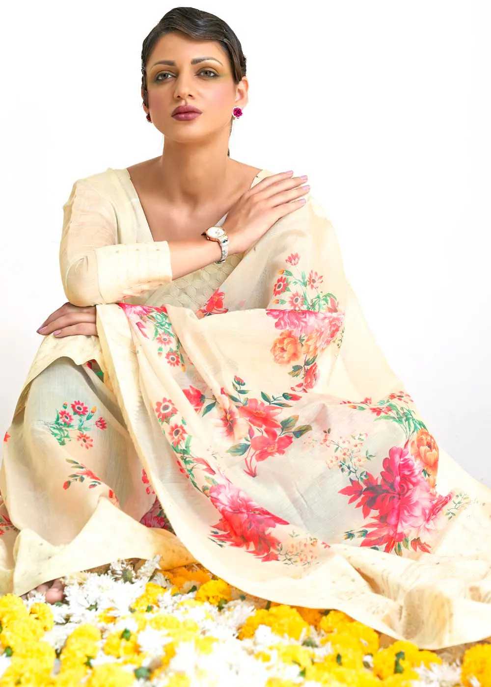 Parchment White Chikankari Silk Saree with Floral Digital Print