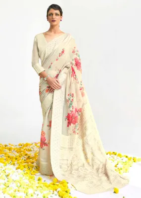 Parchment White Chikankari Silk Saree with Floral Digital Print