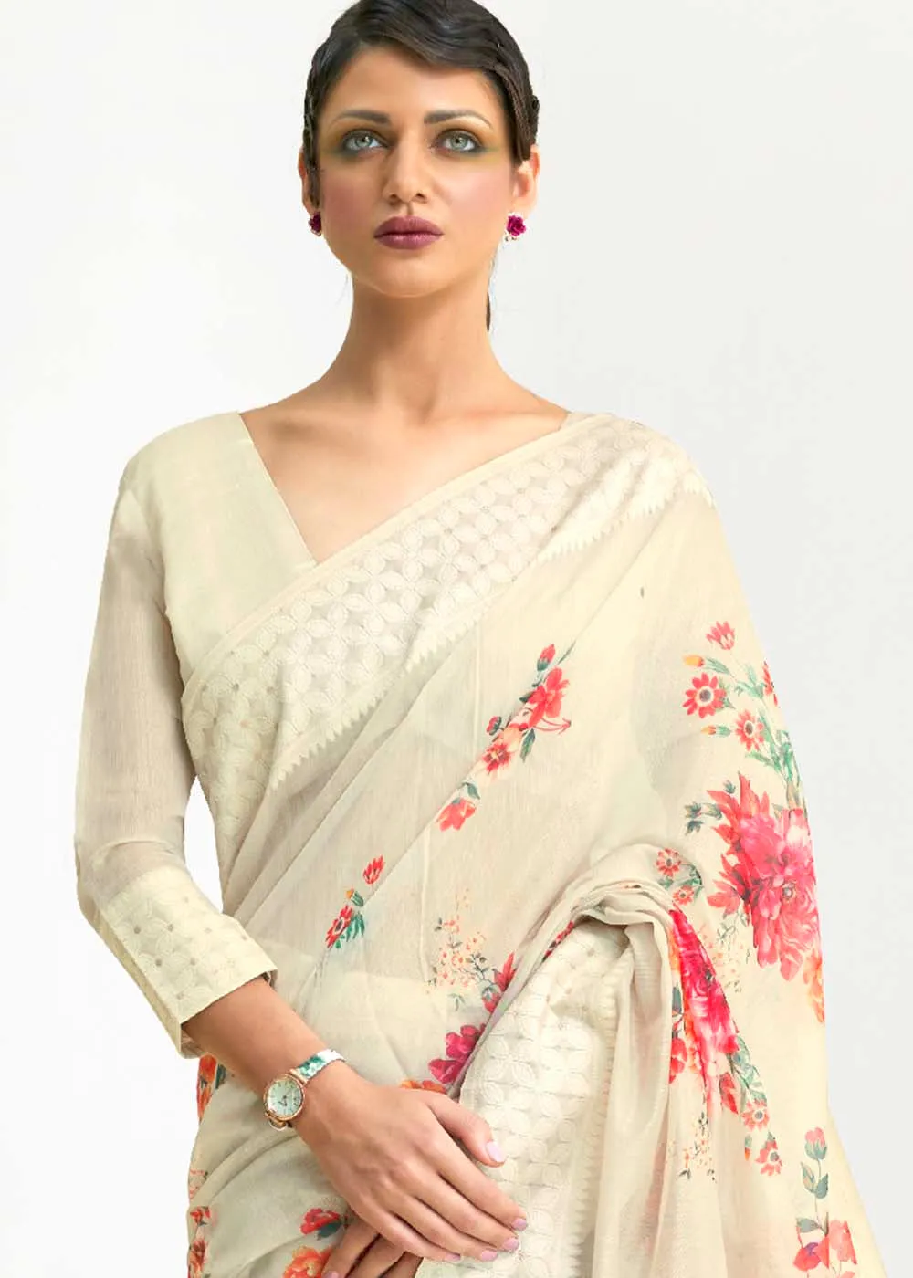 Parchment White Chikankari Silk Saree with Floral Digital Print