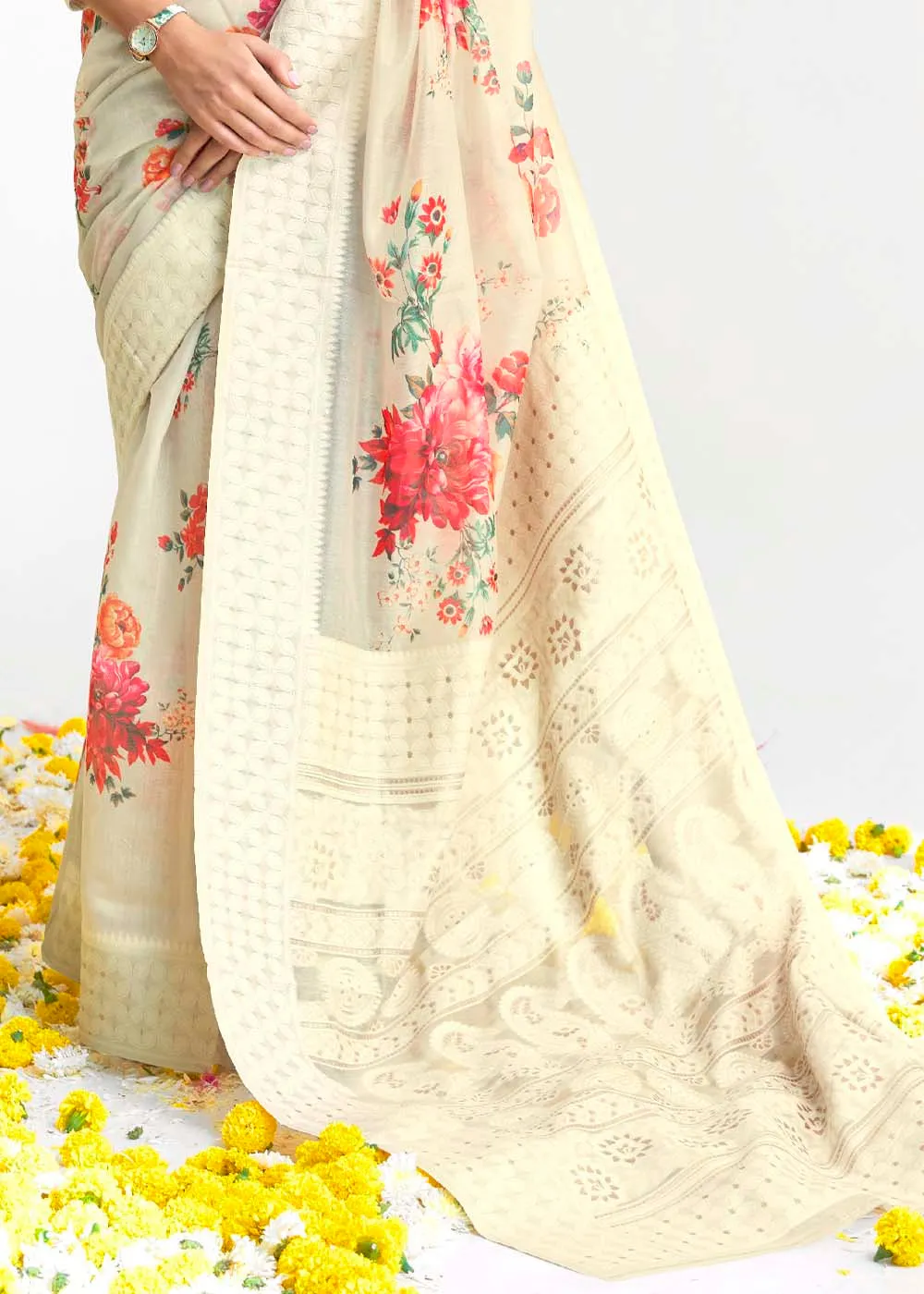 Parchment White Chikankari Silk Saree with Floral Digital Print