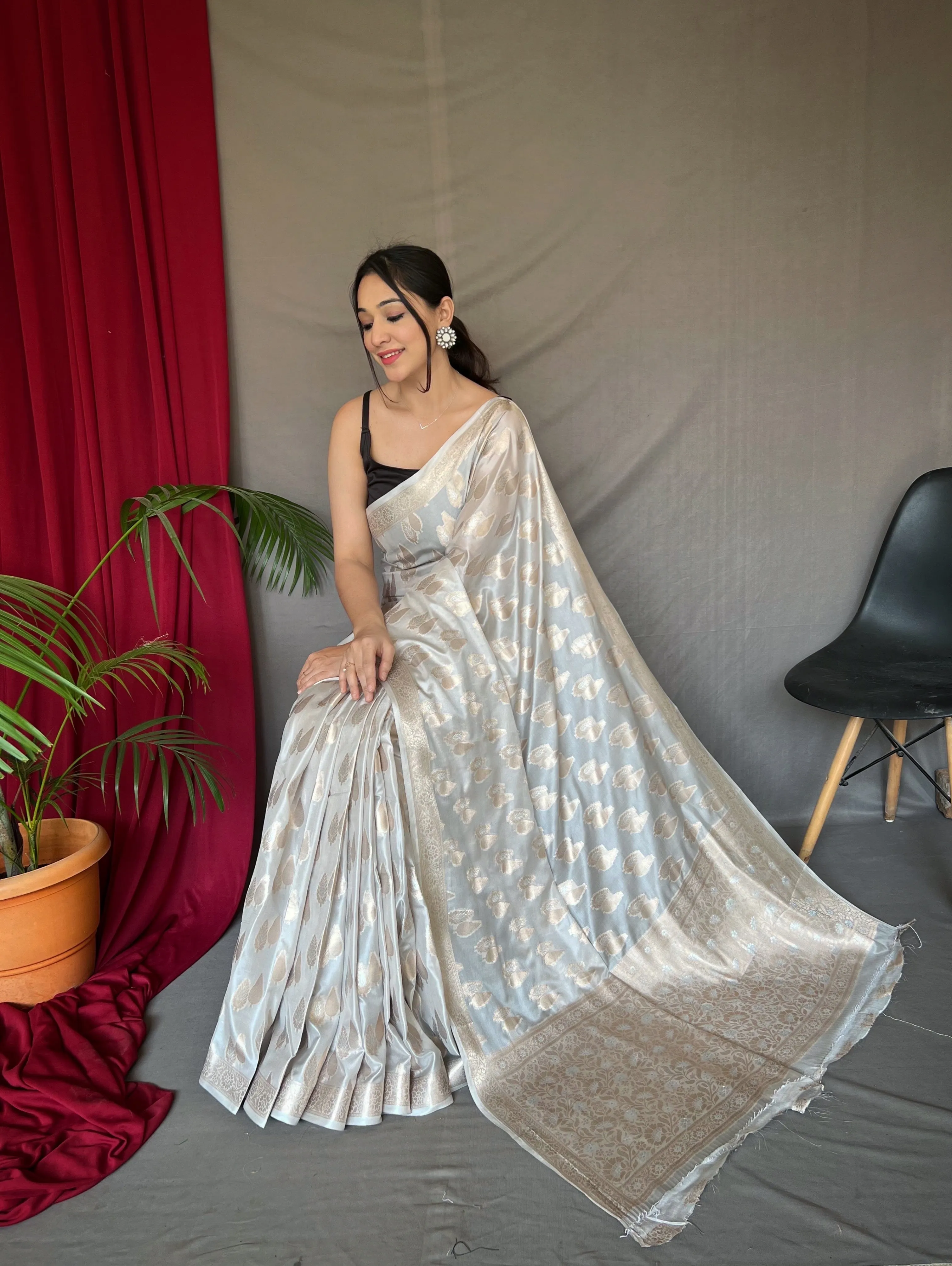 Pastel Silver Saree in Tabby Soft Silk Woven