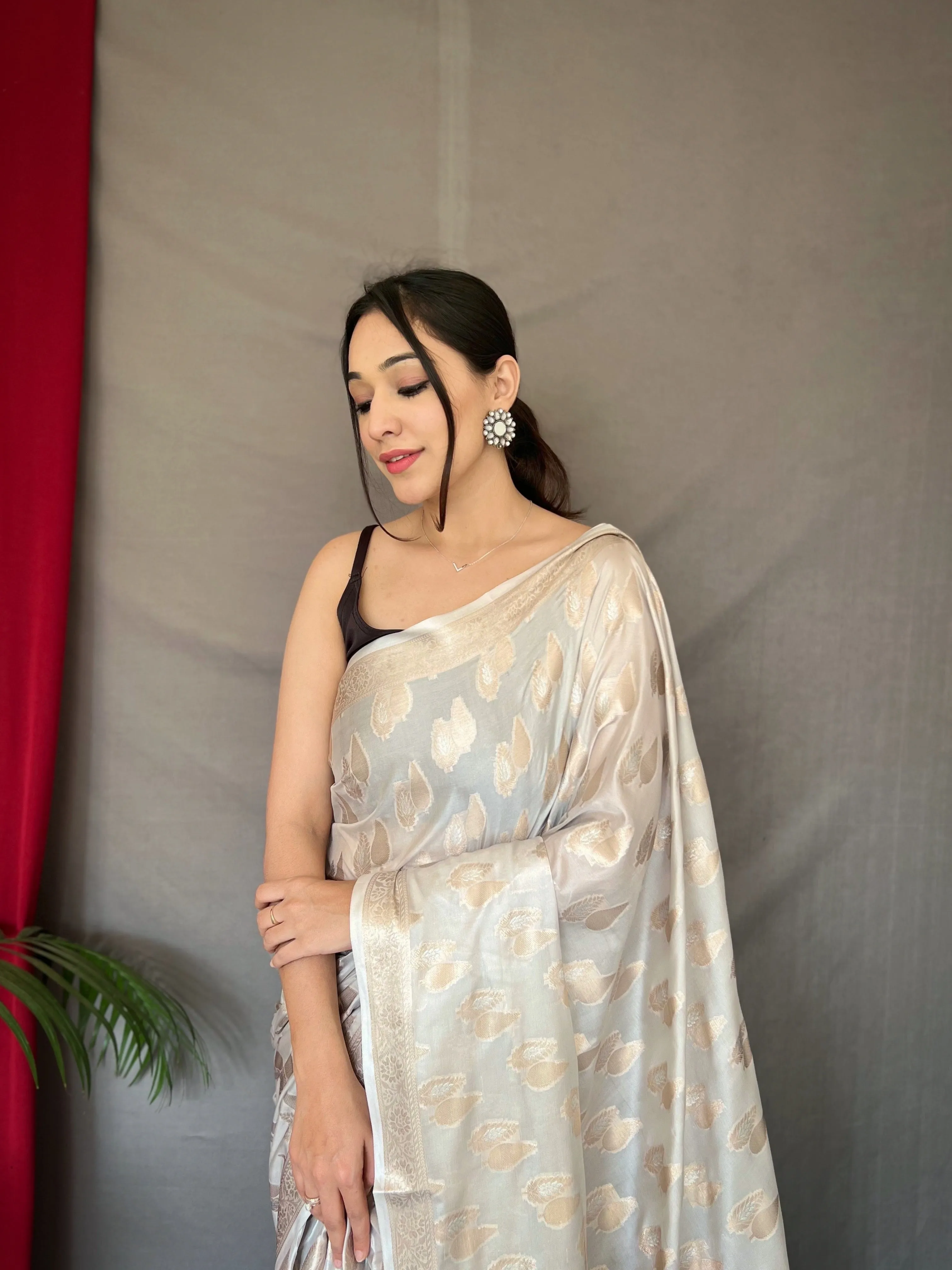Pastel Silver Saree in Tabby Soft Silk Woven