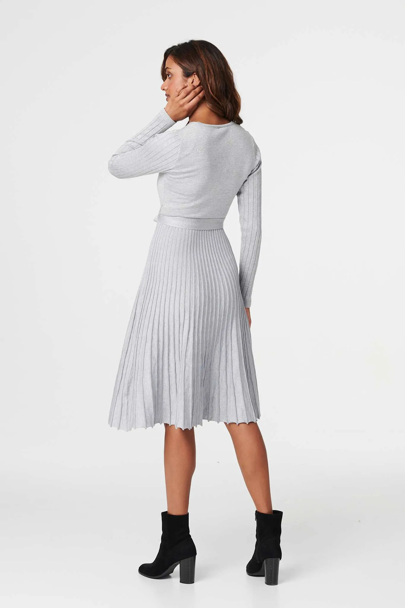 Pleated Tie Waist Knit Midi Dress