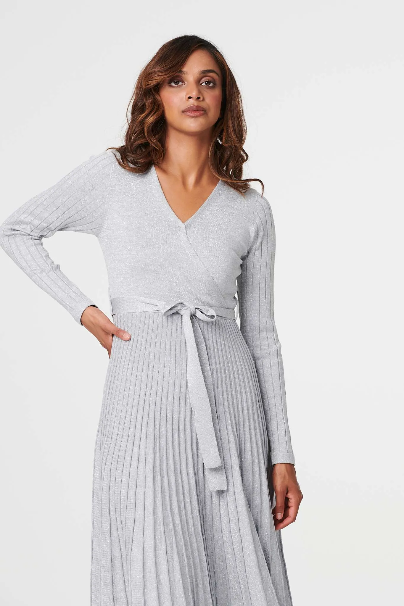 Pleated Tie Waist Knit Midi Dress