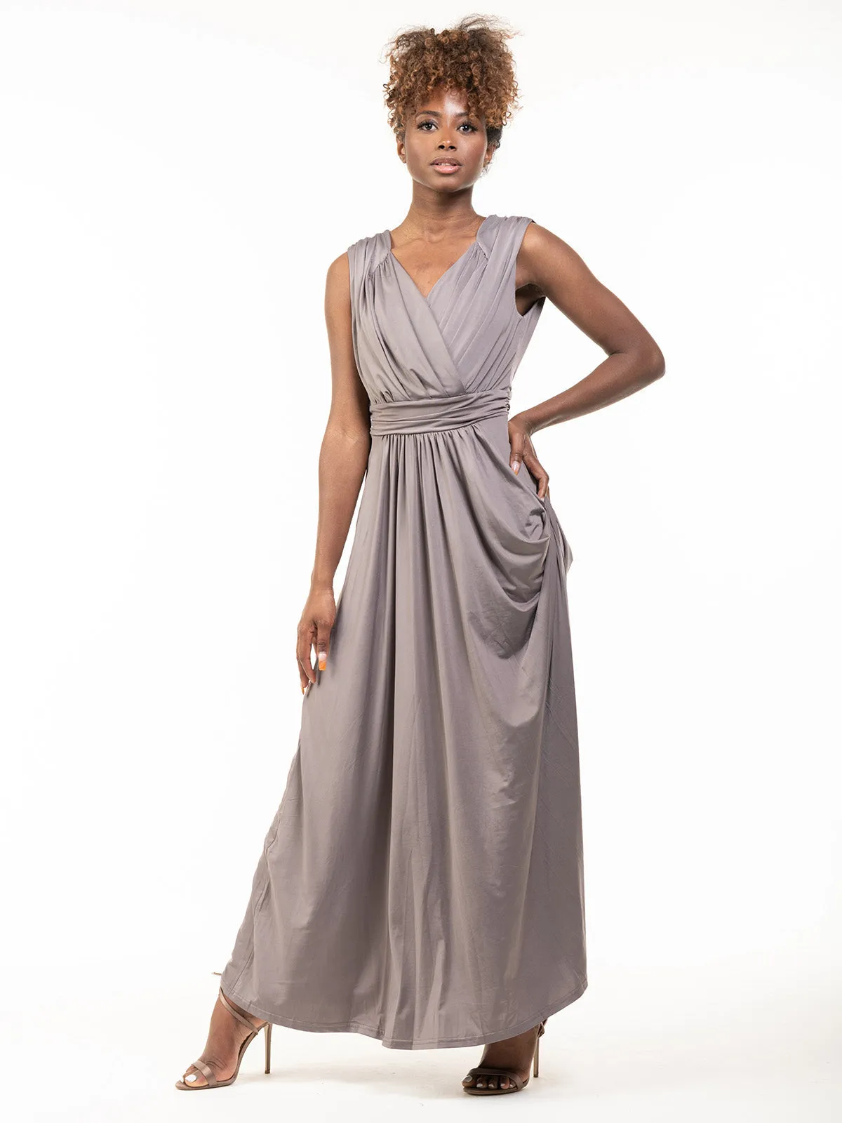 Plunge V Neck Draped Maxi Dress, Grey