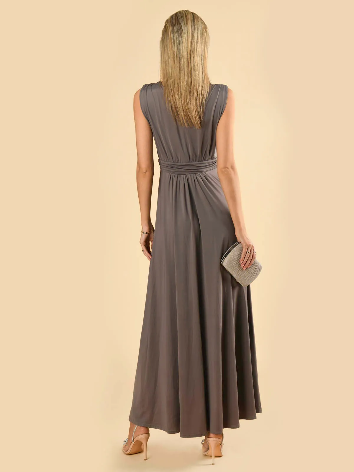 Plunge V Neck Draped Maxi Dress, Grey