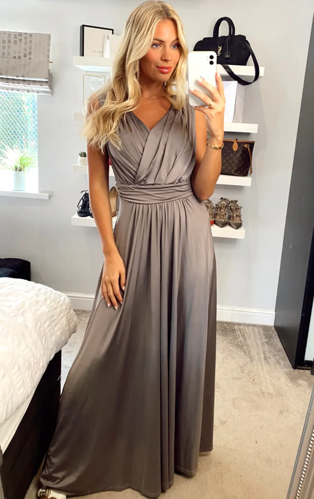 Plunge V Neck Draped Maxi Dress, Grey