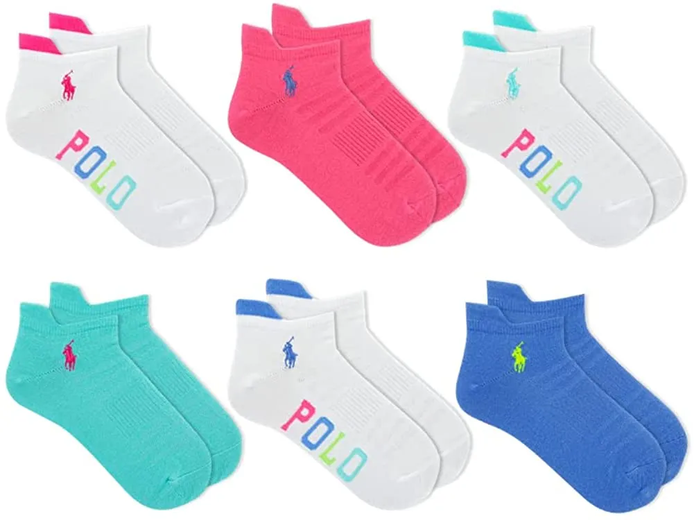 Polo Ralph Lauren Girls 6-Pack Stripe Athletic Quarter Crew Socks