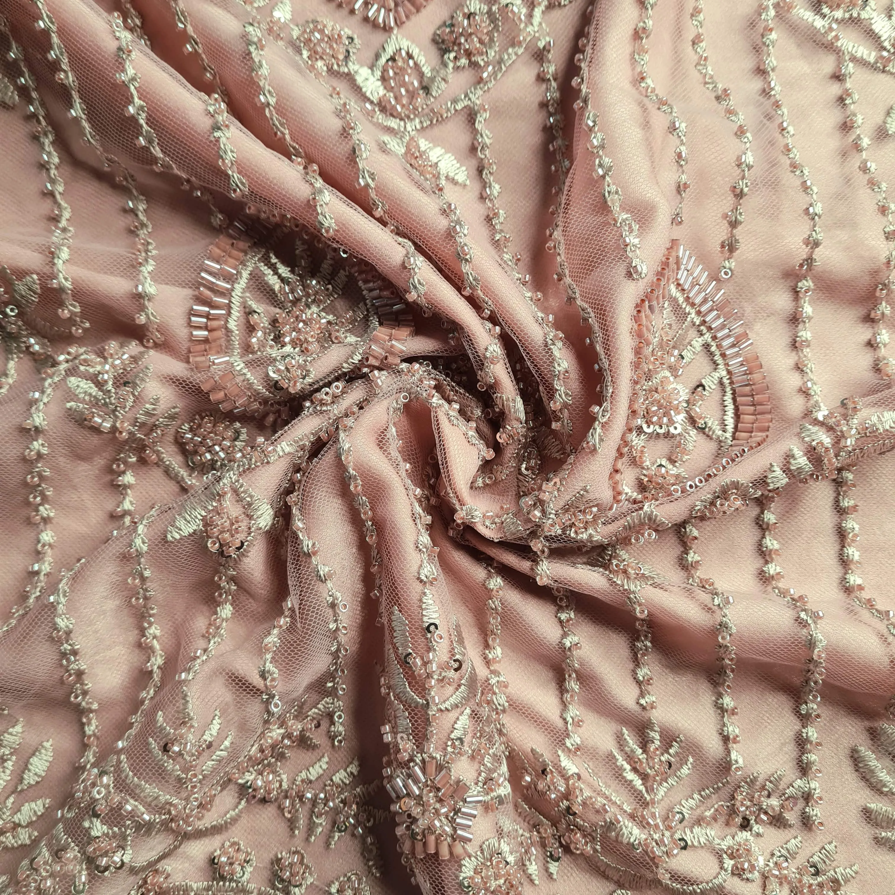 Premium Net Dark Peach Pink CutDana Thread Embroidery Fabric