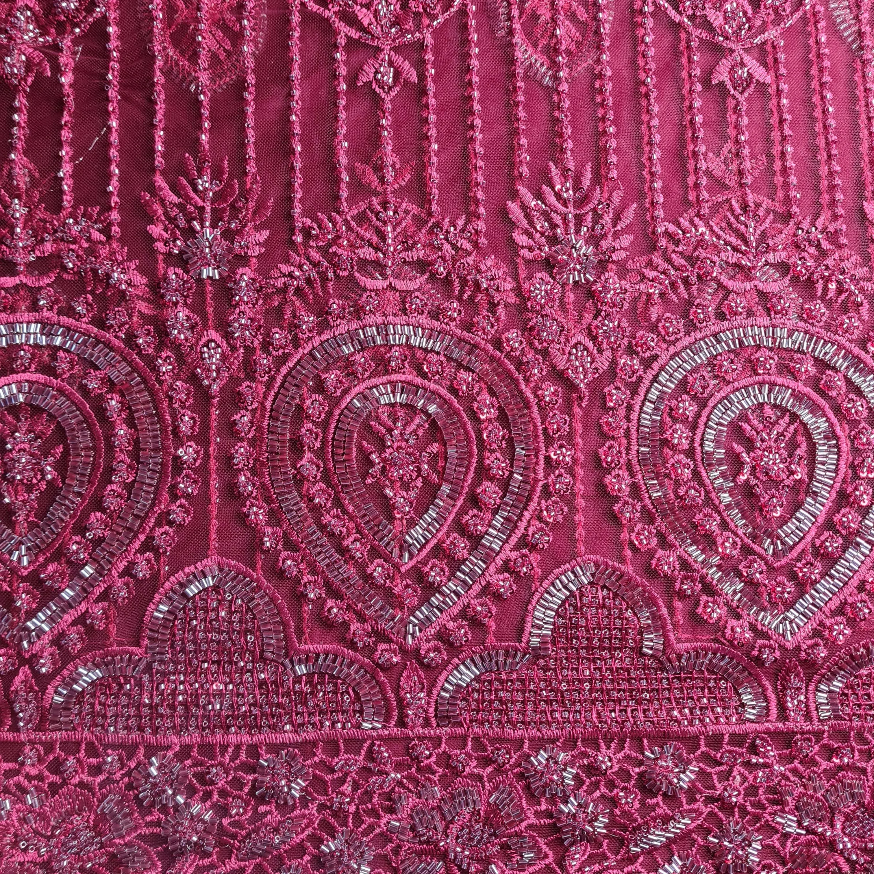 Premium Net Maroon CutDana Thread Embroidery Fabric