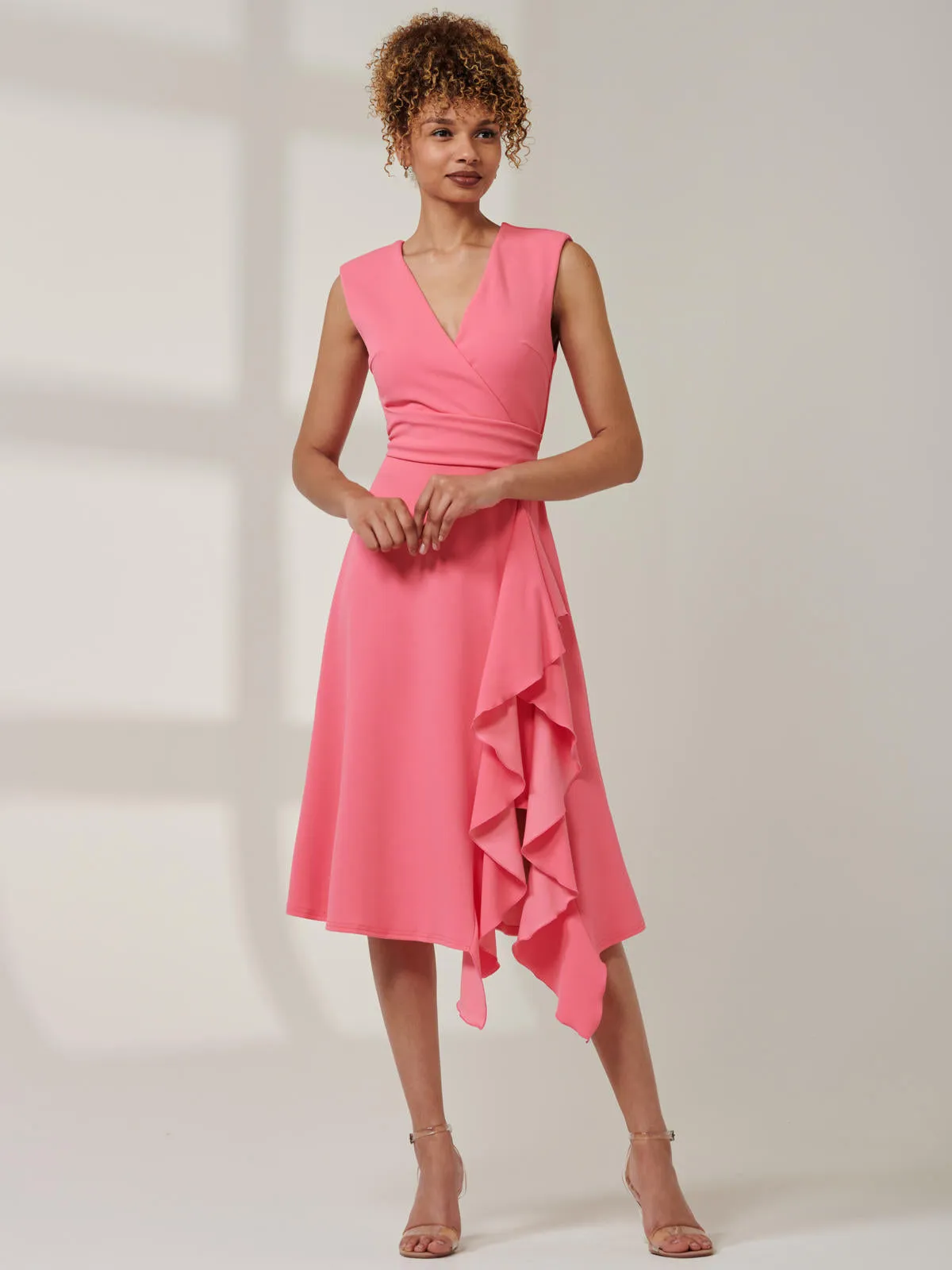 Qiana Ruffle Detail Midi Dress, Pink