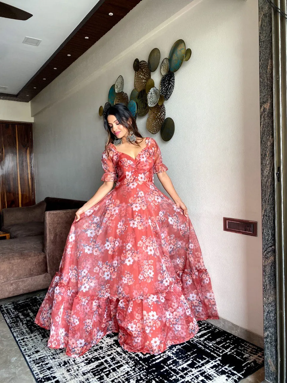 Radiant Salmon Summer Maxi Exclusive Organza Silk Elegance