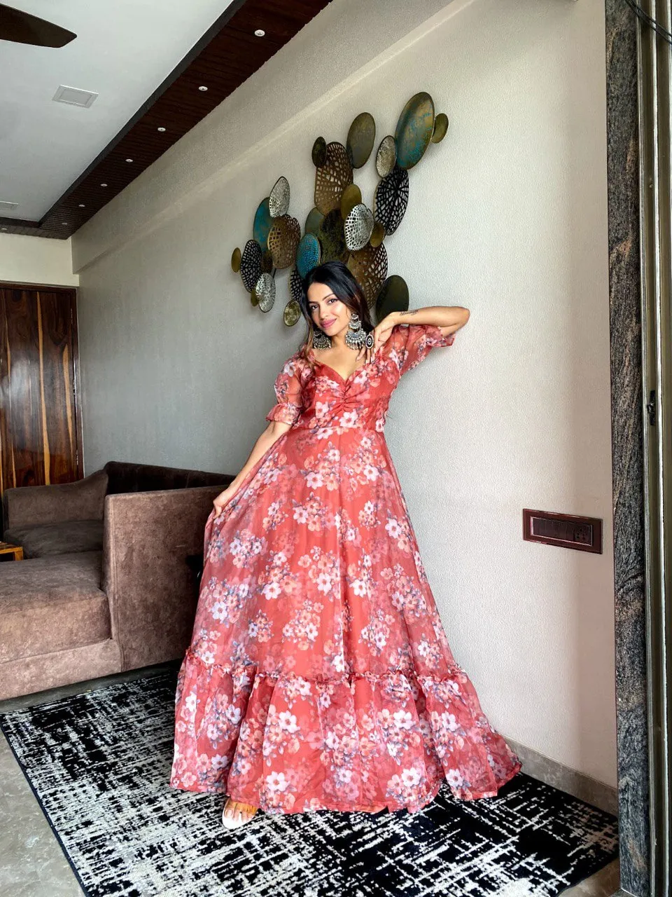 Radiant Salmon Summer Maxi Exclusive Organza Silk Elegance
