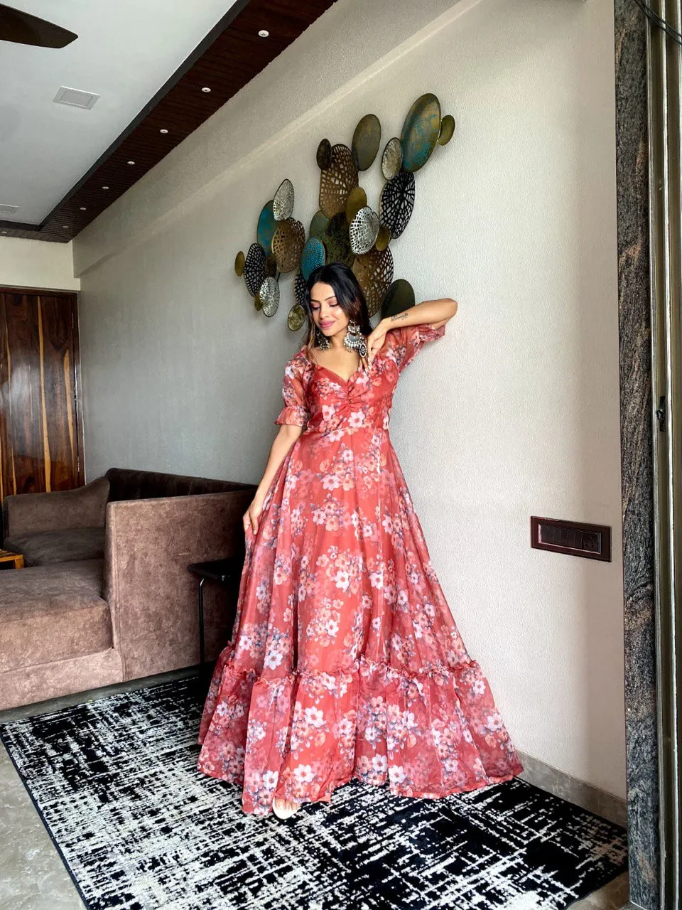 Radiant Salmon Summer Maxi Exclusive Organza Silk Elegance