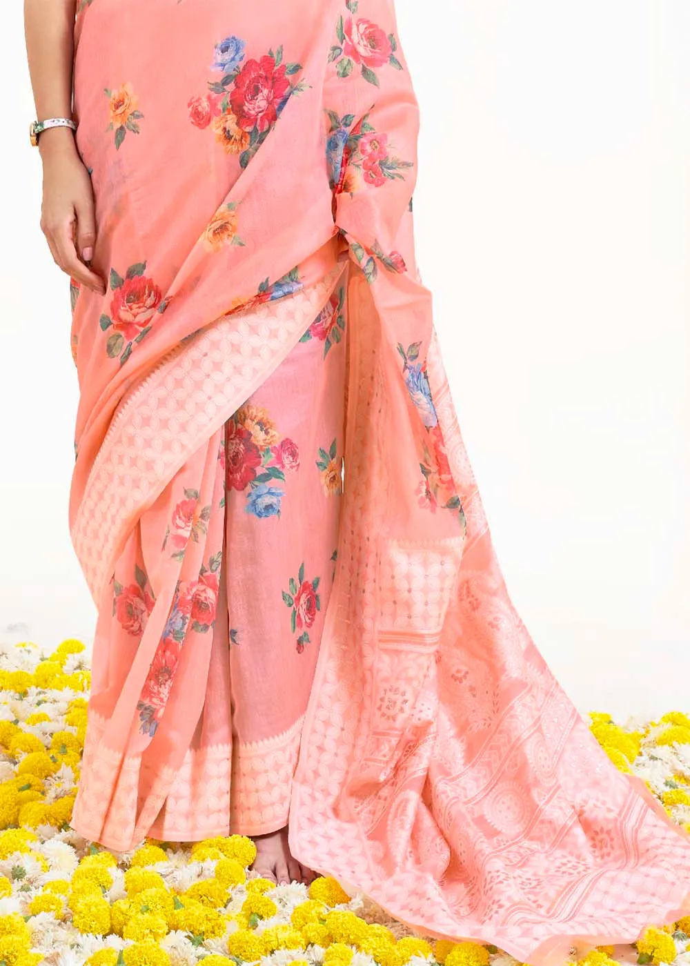 Salmon Pink Chikankari Silk Saree with Floral Digital Print