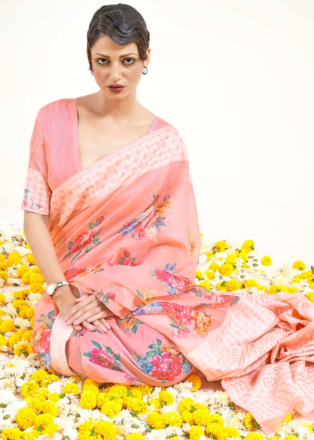 Salmon Pink Chikankari Silk Saree with Floral Digital Print