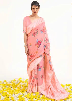 Salmon Pink Chikankari Silk Saree with Floral Digital Print