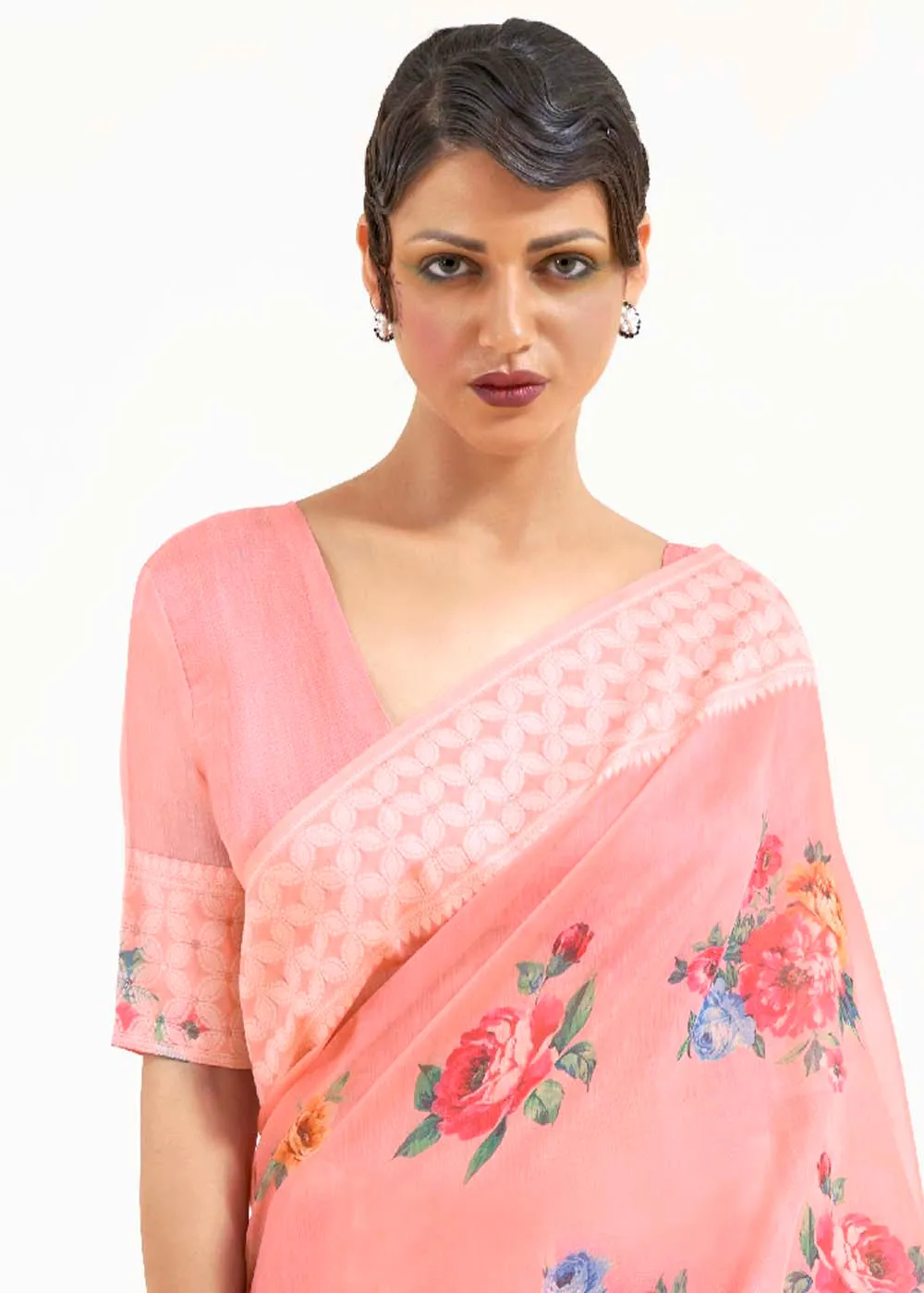 Salmon Pink Chikankari Silk Saree with Floral Digital Print