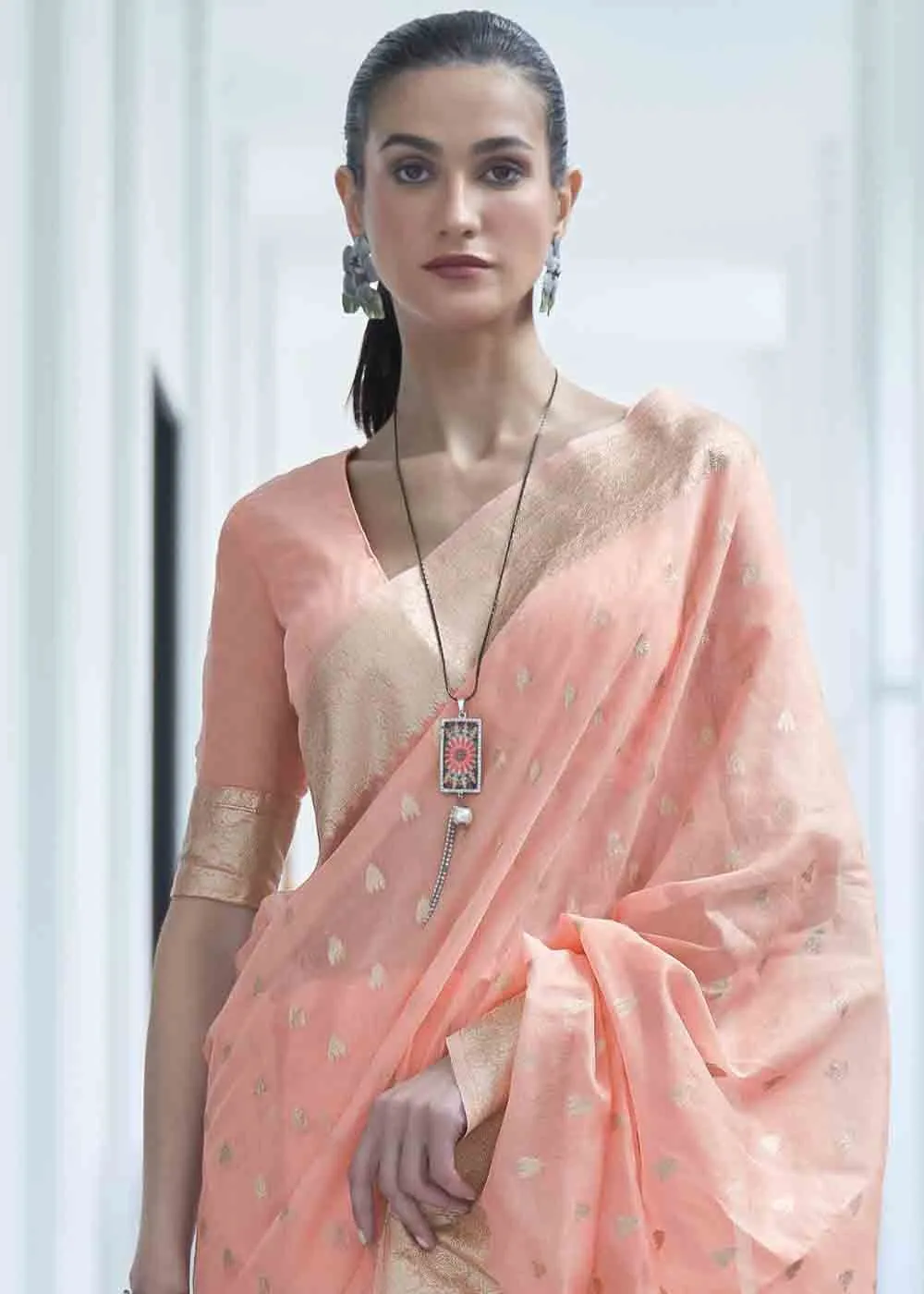 Salmon Pink Woven Designer Silk Saree