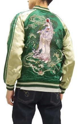 Satori Script Japanese Souvenir Jacket Guanyin Men's Sukajan GSJR-013 Green/Beige
