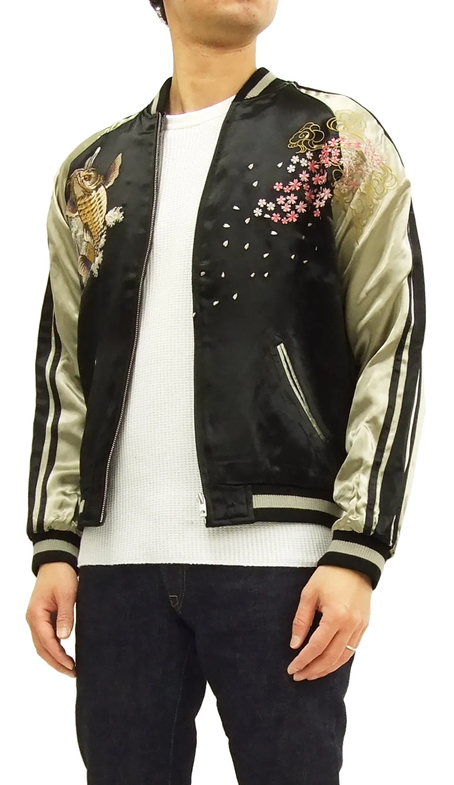 Satori Script Japanese Souvenir Jacket Koi Fish Carp Men's Sukajan GSJR-004 Black/Beige
