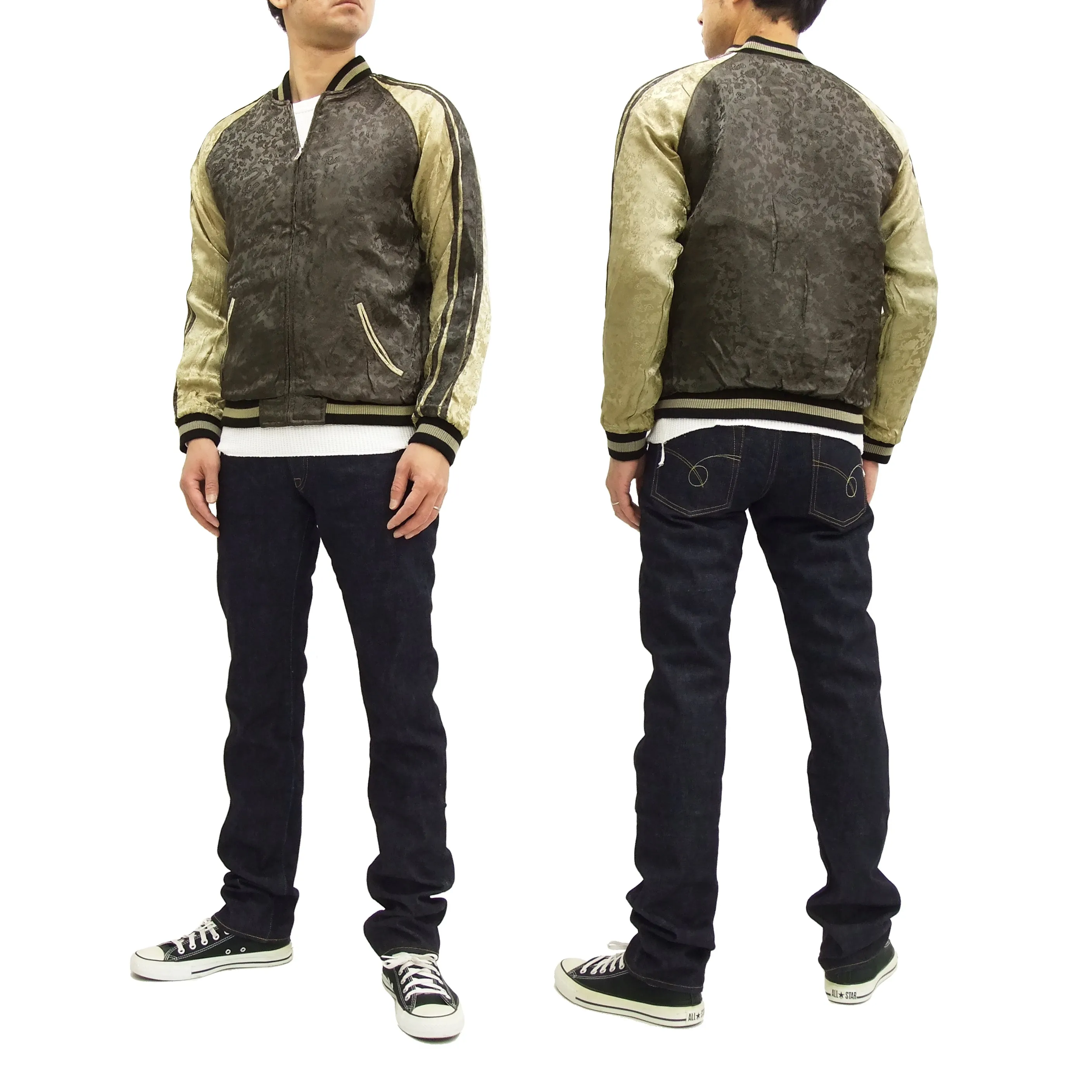 Satori Script Japanese Souvenir Jacket Koi Fish Carp Men's Sukajan GSJR-004 Black/Beige