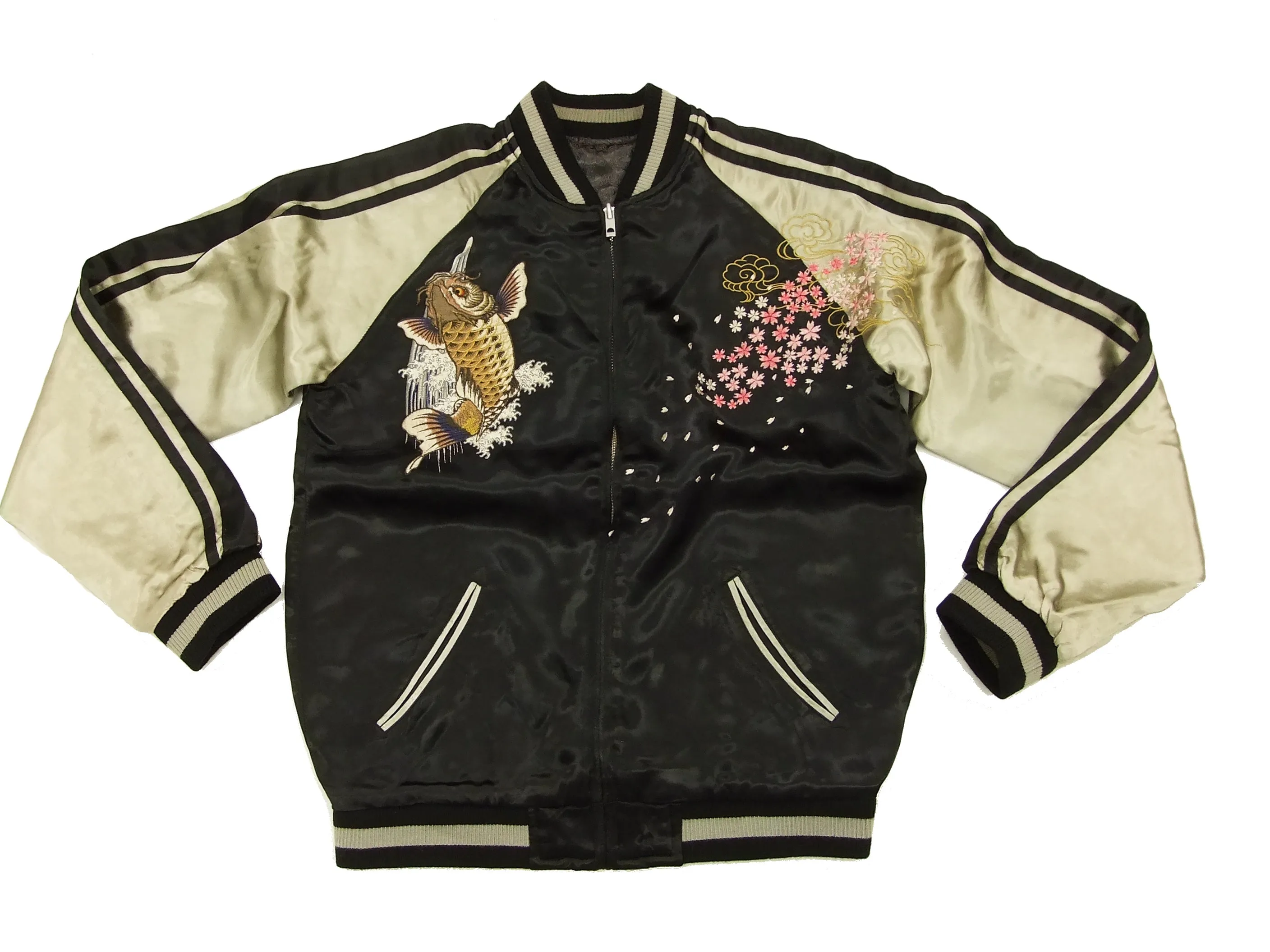 Satori Script Japanese Souvenir Jacket Koi Fish Carp Men's Sukajan GSJR-004 Black/Beige